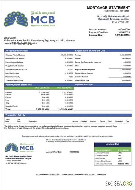 Modèle Word et PDF de relevé hypothécaire de la Myanmar Citizens Bank